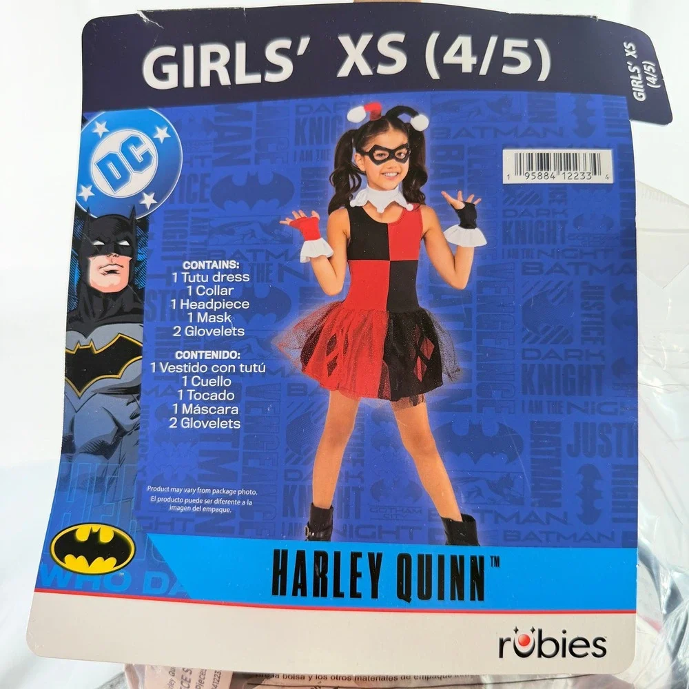 DC Harley Quinn Costume Girls XS 4-5 Tutu Dress Mask Collar Headpiece
